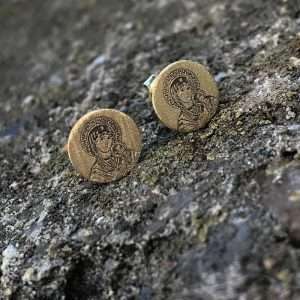 Cercei efect sclipici cu Maica Domnului , bănuț 10 mm, 1,27gr