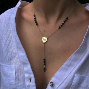 Rozariu cu cristale negre , bănuț 12 mm și cruce 15 mm