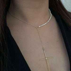 Colier lanț , perle cultură și cruce 5 cm sârmă