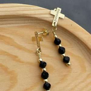 Cercei cruce “blessed” cu tija , cristale negre